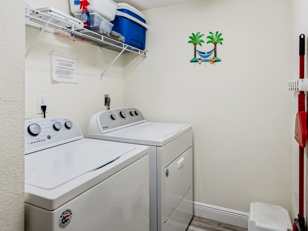 Your private laundry room makes extended stays effortless with full-size washer and dryer, plus cleaning supplies and storage.