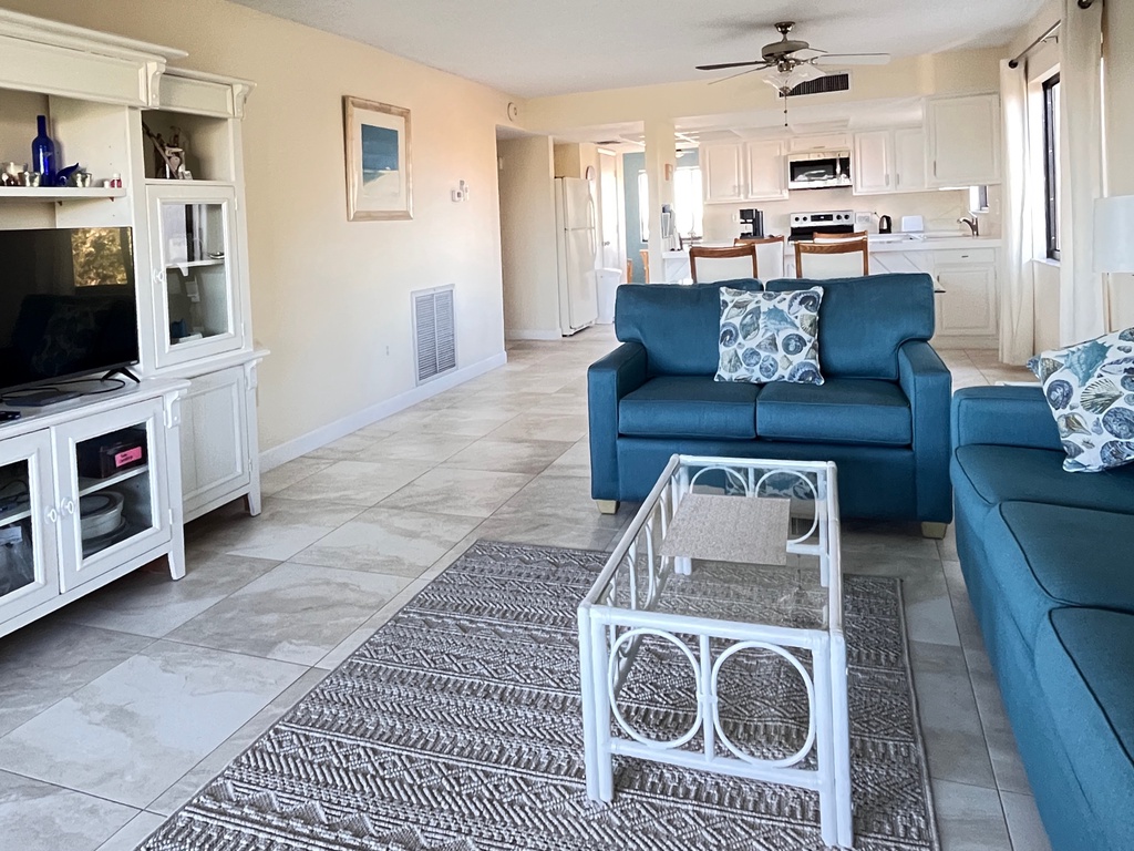 Sink into plush blue seating and enjoy your favorite shows on the large TV in this bright, airy living space that flows seamlessly into the modern kitchen.