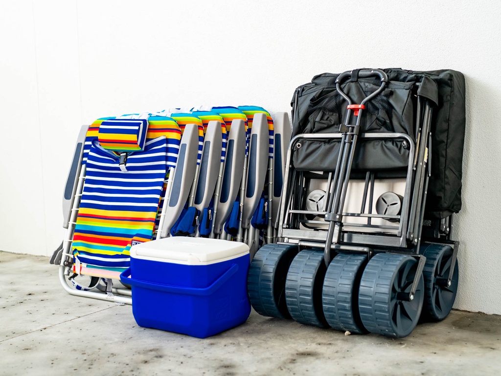 Beach chairs, wagon, and cooler provided