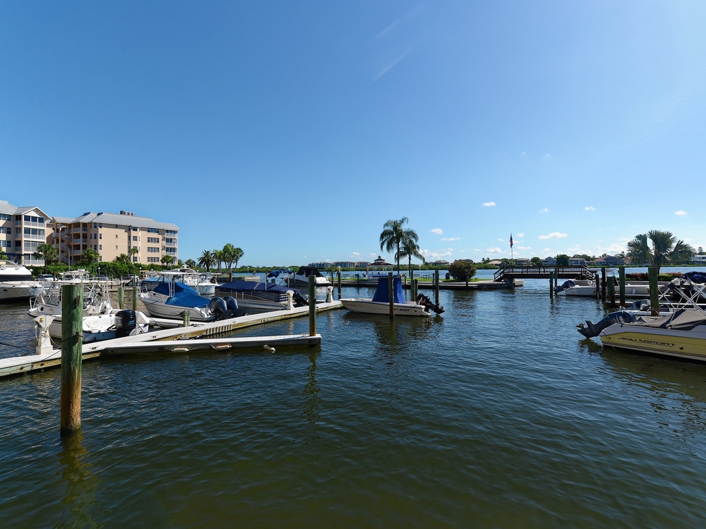 Marina with boats docked along waterfront, featuring palm trees and nearby buildings under clear blue skies.