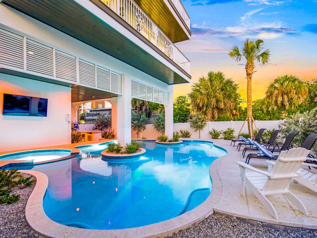 Poolside Seating, TV, and Sunset