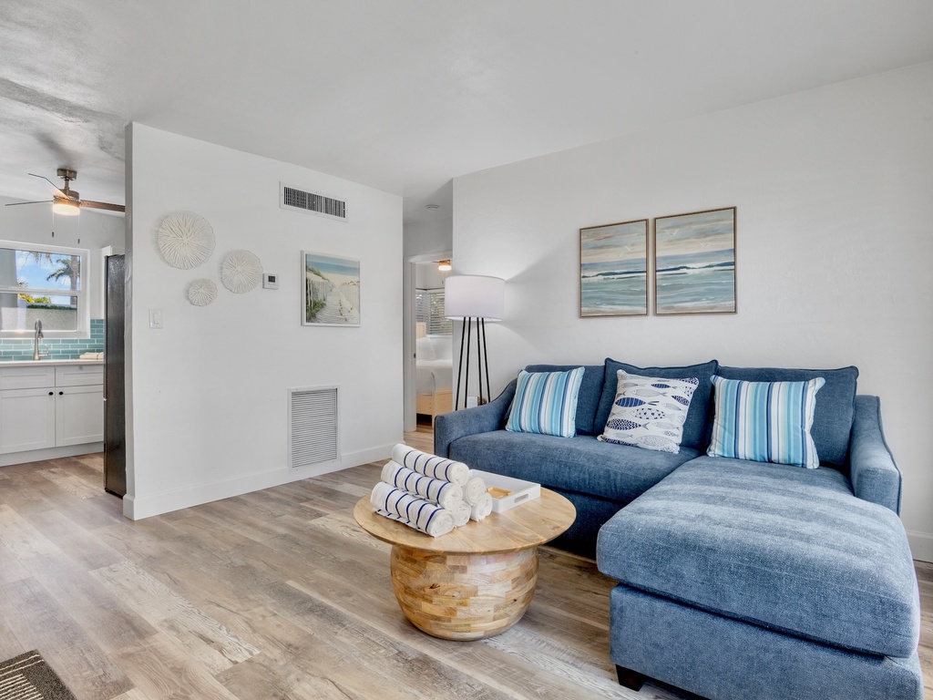Living area with plush blue sectional