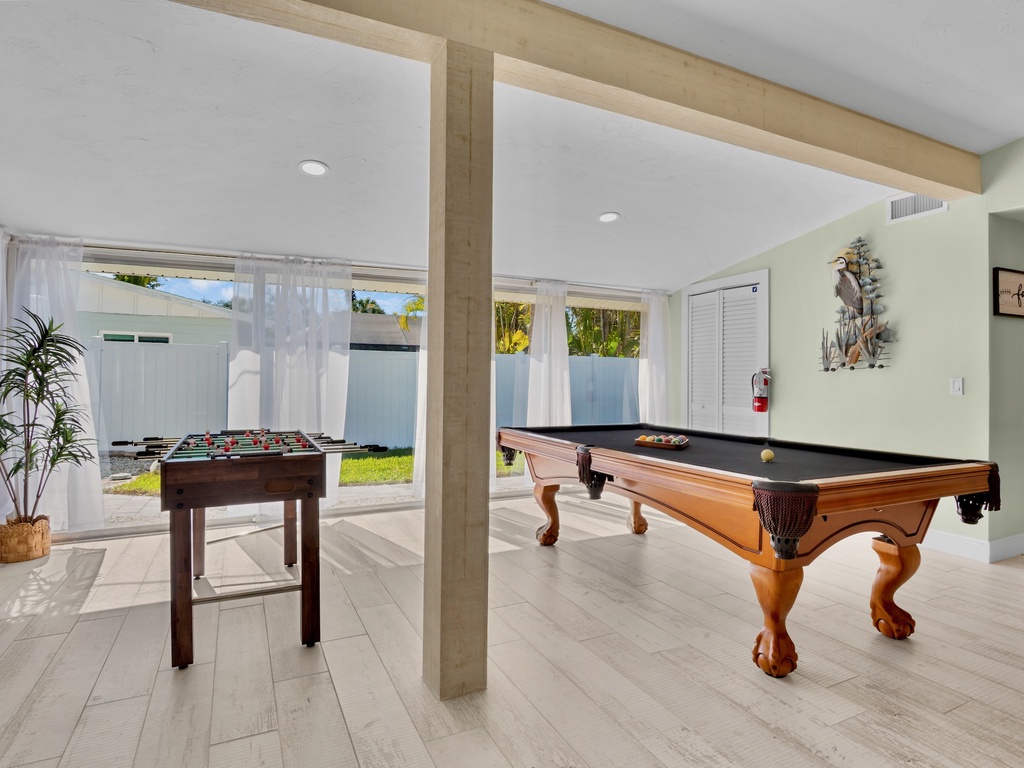 Challenge friends to pool or foosball with outdoor views