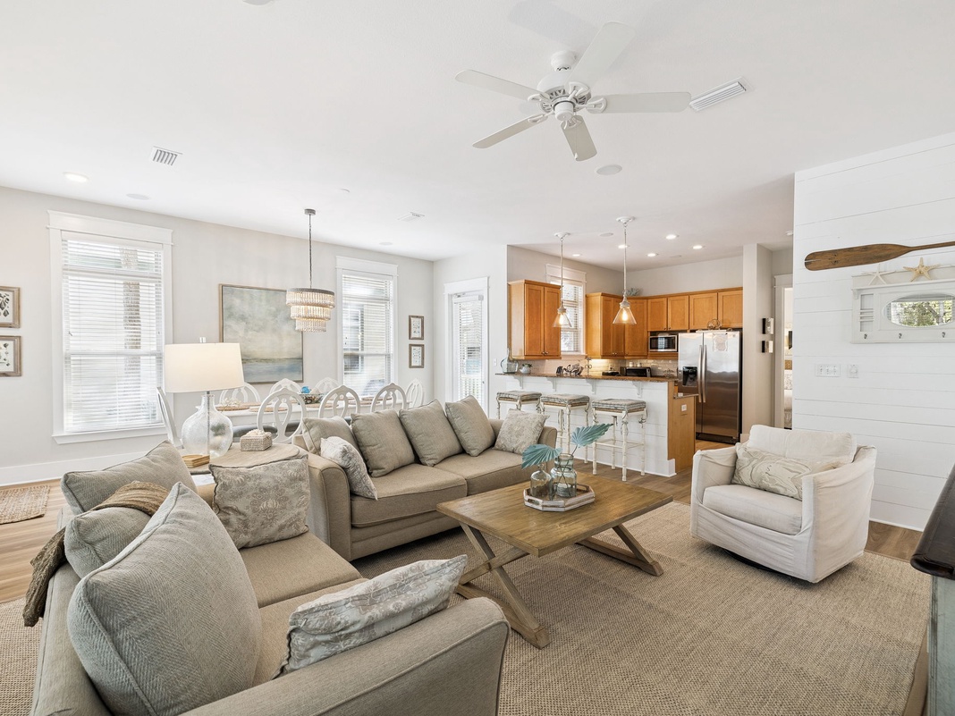 Relax in your bright, open living space with plush seating and a fully equipped kitchen perfect for gathering.