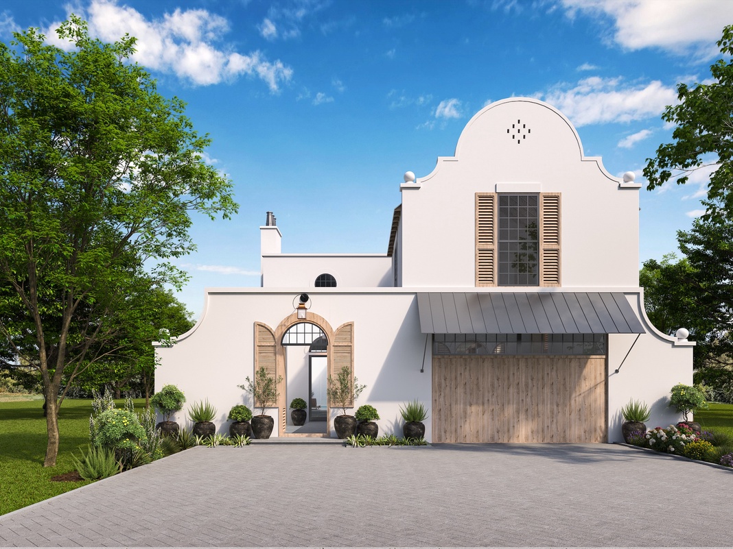 The property's elegant white stucco facade features classic architectural details, surrounded by manicured landscaping and mature trees. This charming vacation rental offers a distinctive and welcoming arrival experience.