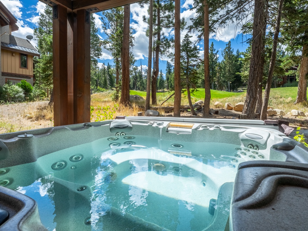 Soak away your cares in your private hot tub while gazing out at towering pines and open meadows—pure mountain serenity.