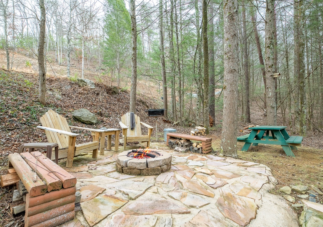 Gather around your private fire pit surrounded by Adirondack chairs and picnic tables, where crackling flames and forest tranquility create perfect evenings.