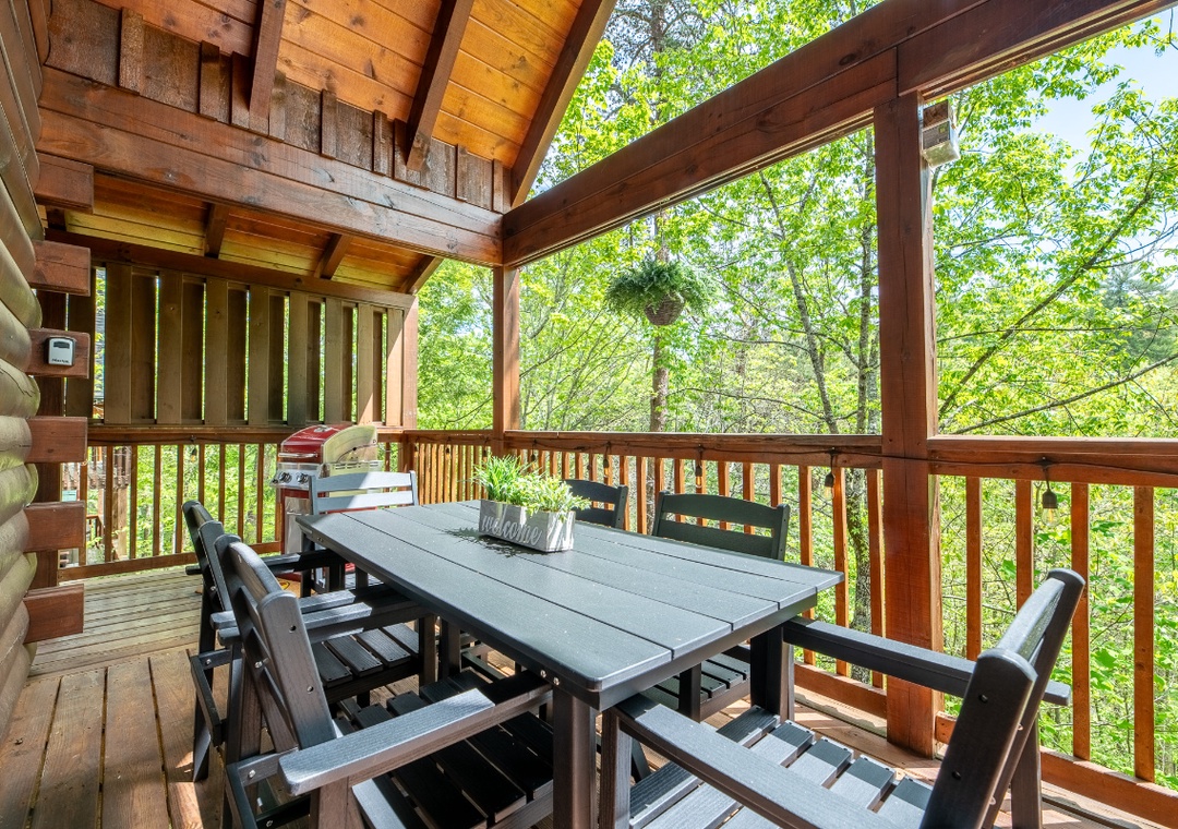 Dine among the treetops on your private deck, where warm wood surrounds you and forest views create the perfect backdrop for meals.