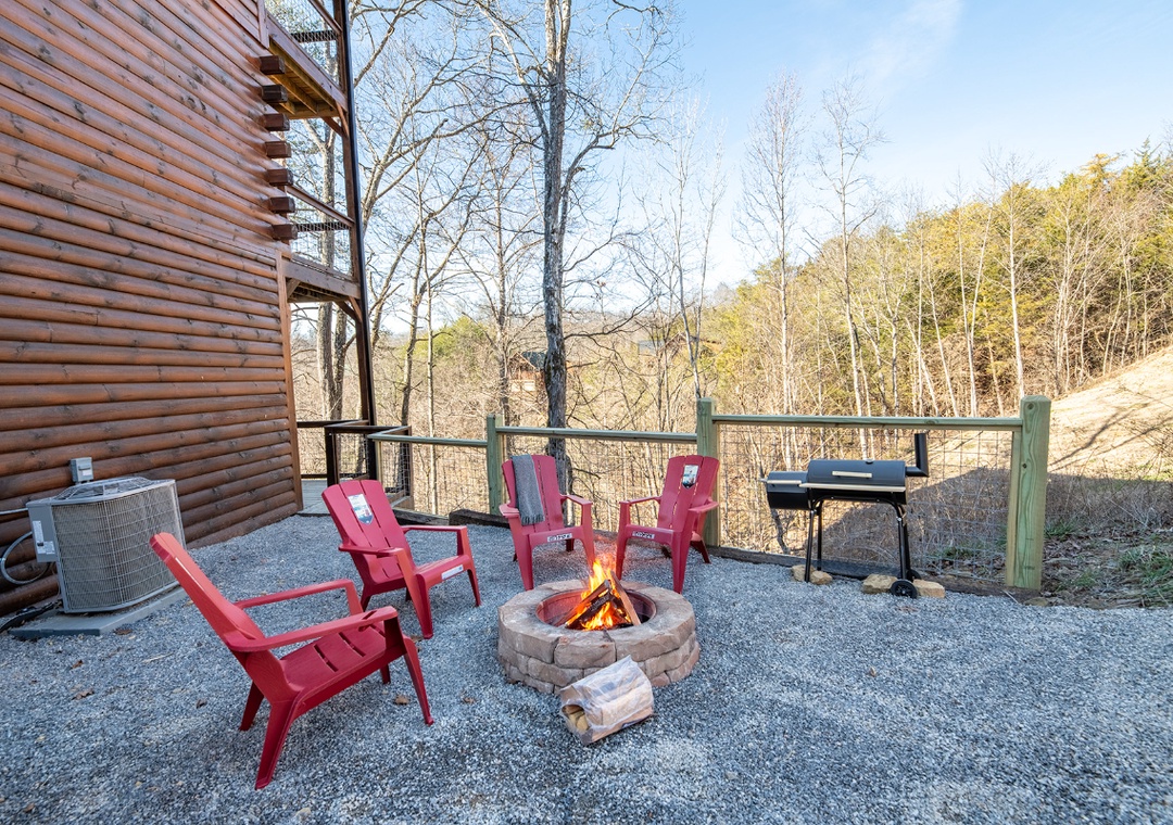 Gather around your fire pit with cozy chairs, perfect for roasting marshmallows and sharing stories under the stars.