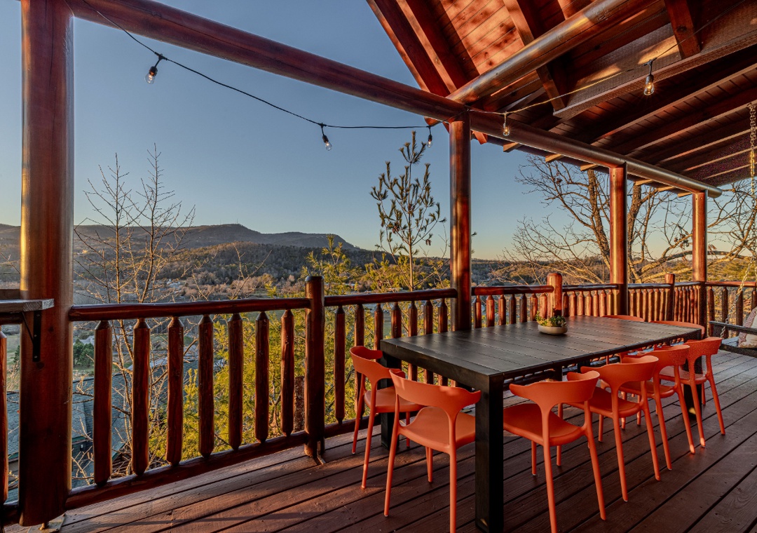 Gather around your mountain-view dining table as warm string lights create the perfect ambiance for unforgettable meals together.