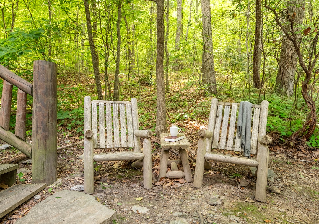 A secluded forest seating area featuring rustic wooden chairs set among verdant trees—perfect for morning coffee or quiet reflection in nature.