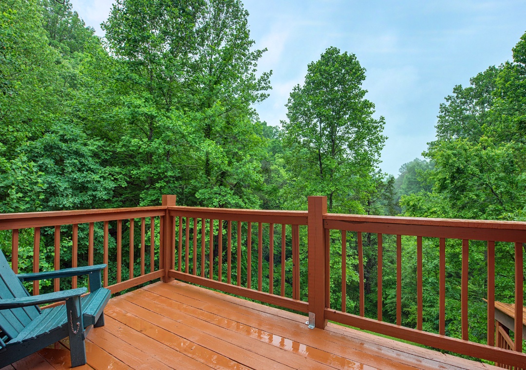 A private deck overlooks lush green forest, where you can unwind in Adirondack chairs surrounded by nature's tranquility.