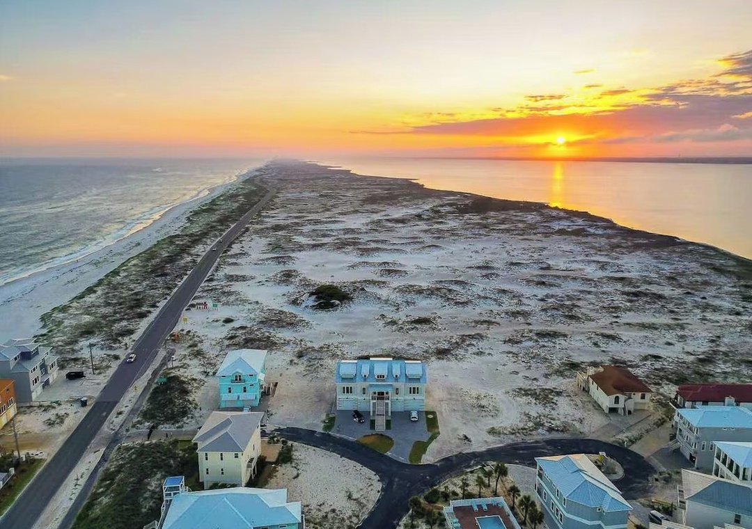 Aerial view of Navarre Beach at sunset