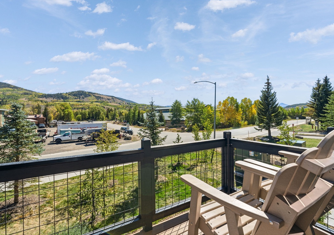 The balcony looks out to mountain views in the summer.