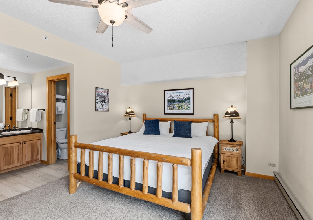 Sink into the plush bed and rustic pine furniture that welcomes you home after your mountain adventures, with natural touches echoing the alpine setting just outside.