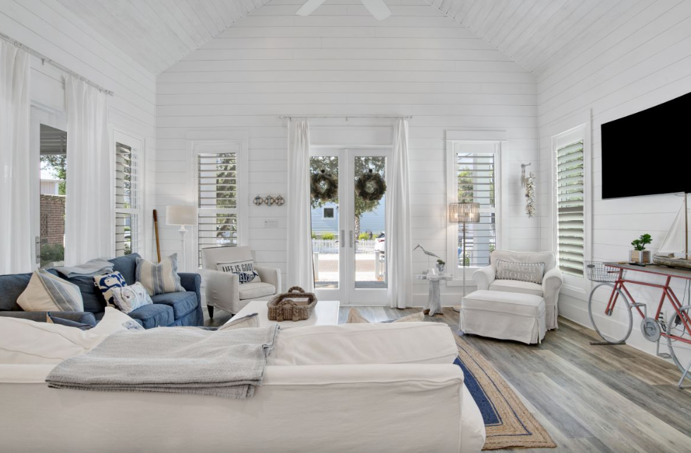 Large living room with cathedral ceiling