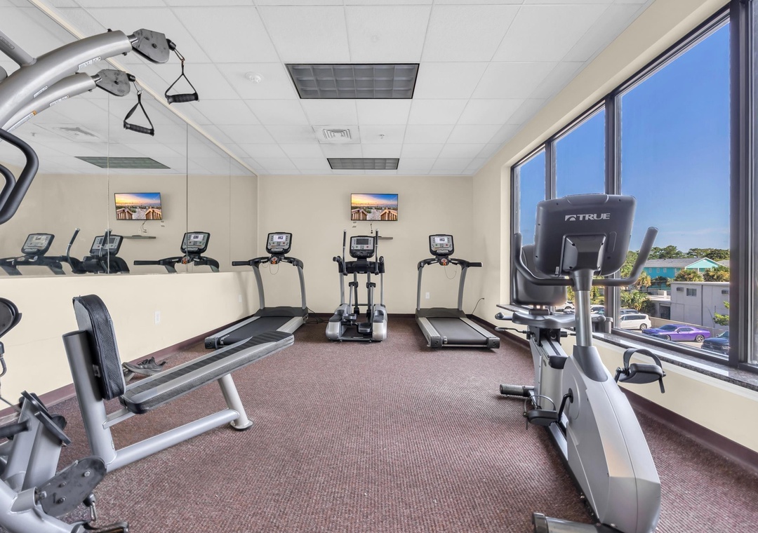 Stay active during your getaway in this bright, well-equipped fitness center with panoramic windows that flood the space with natural light while you work out with a view.