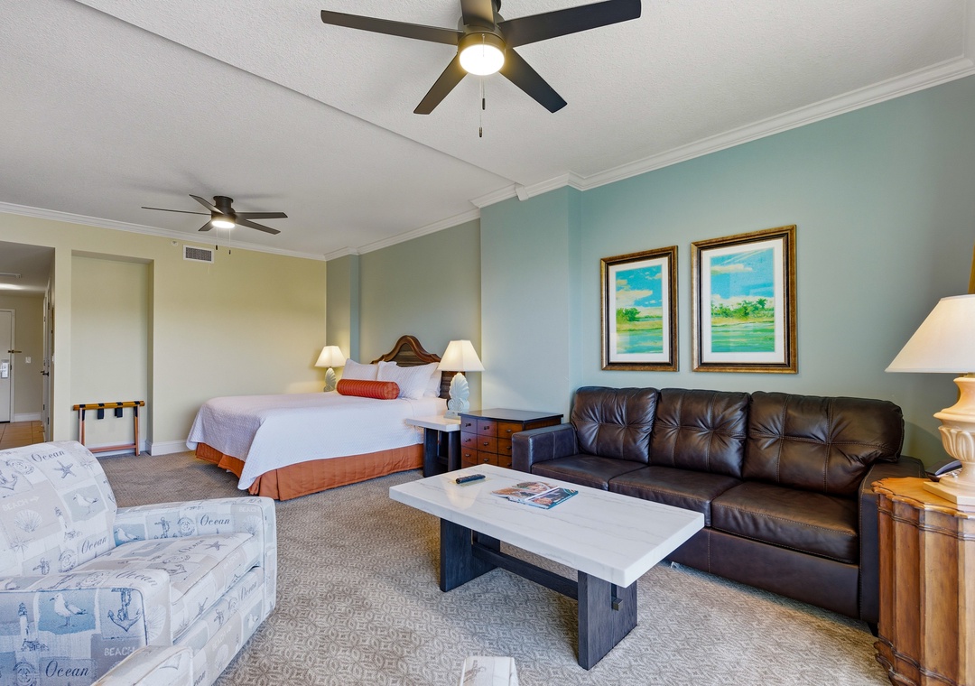 Your private retreat with a comfy bed and calm coastal feel.