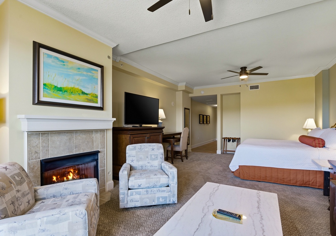 Living room with cozy fireplace