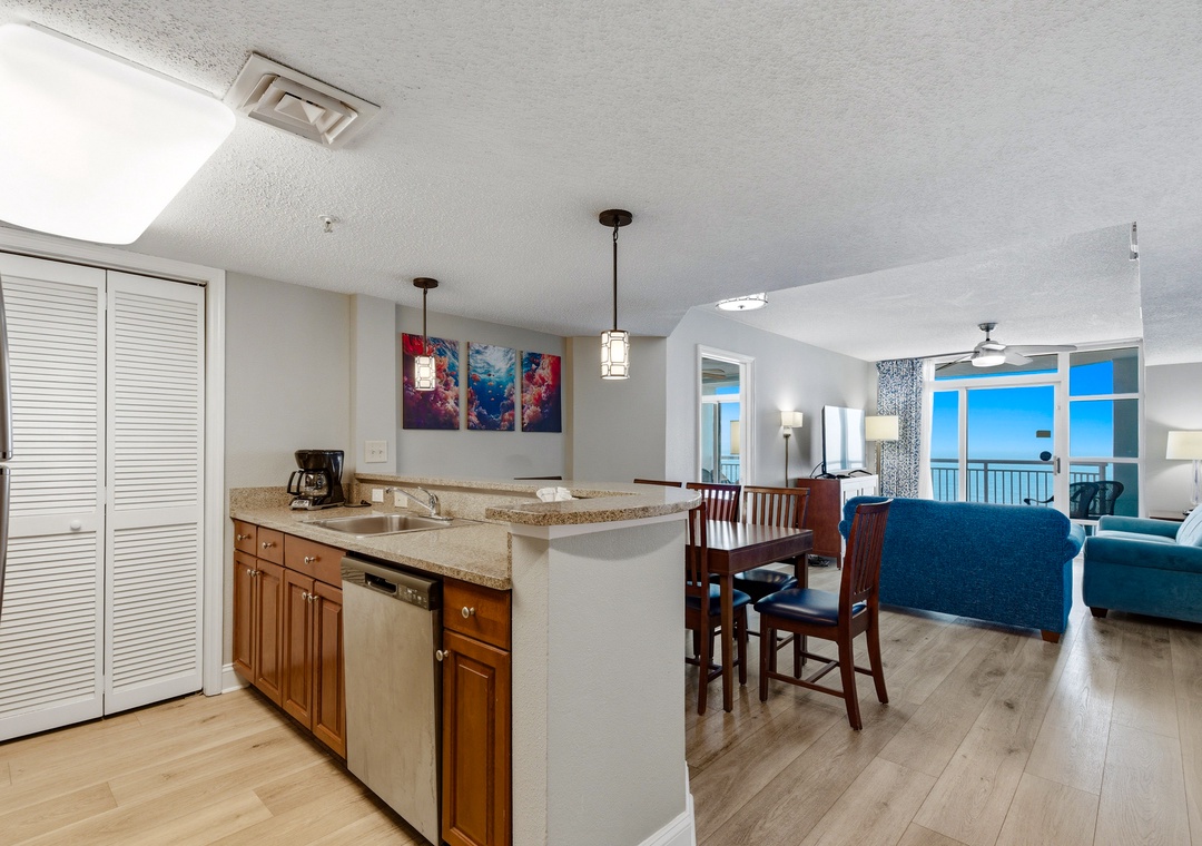 Full kitchen and dining area