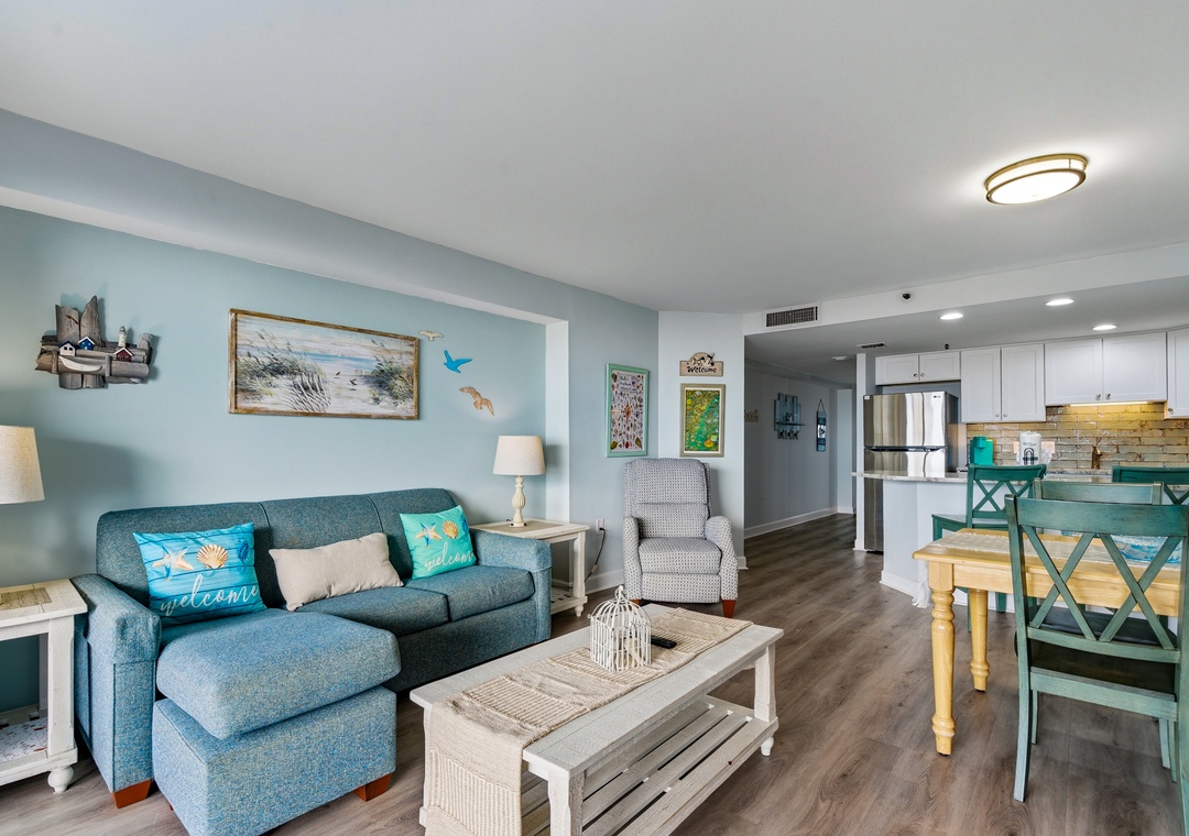 Relax in comfortable seating while the sound of waves sets the perfect backdrop for your getaway.