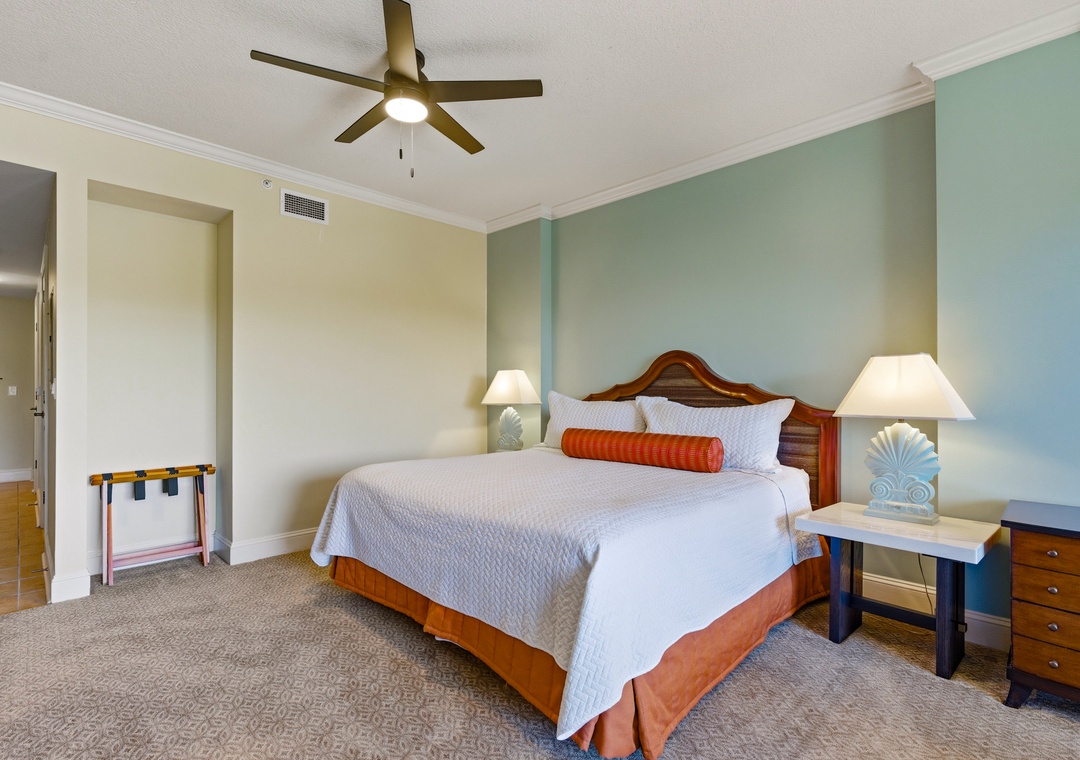 Your private retreat with a comfy bed and calm coastal feel.