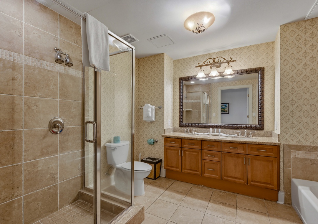 Fresh, clean bathroom with stocked essentials to get you started.