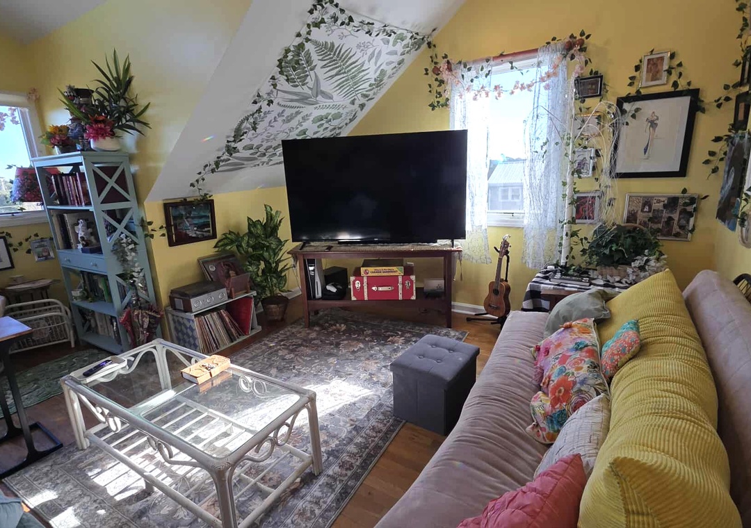 Living Area with TV, Sleeping Futon and Deck Access