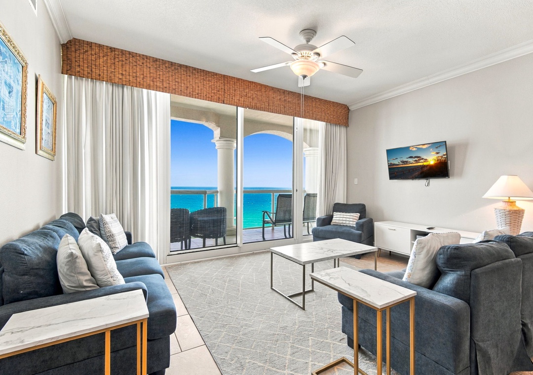 Living room with stunning Gulf views