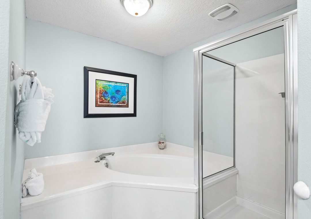 Primary ensuite bathroom with walk-in shower and large garden tub