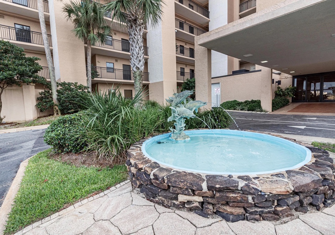Front fountain at Navarre Towers