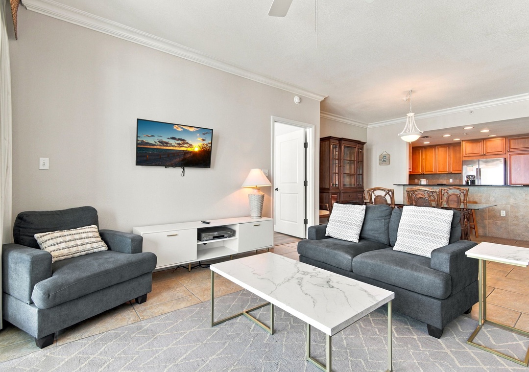 Living room with mounted flat-screen TV