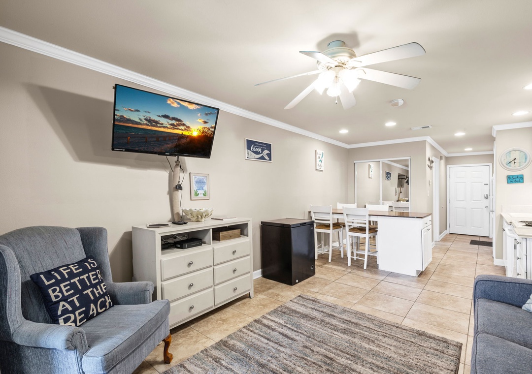 Living space with large flat-screen TV