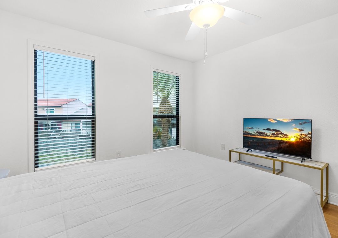 Main floor king bedroom with flat-screen TV