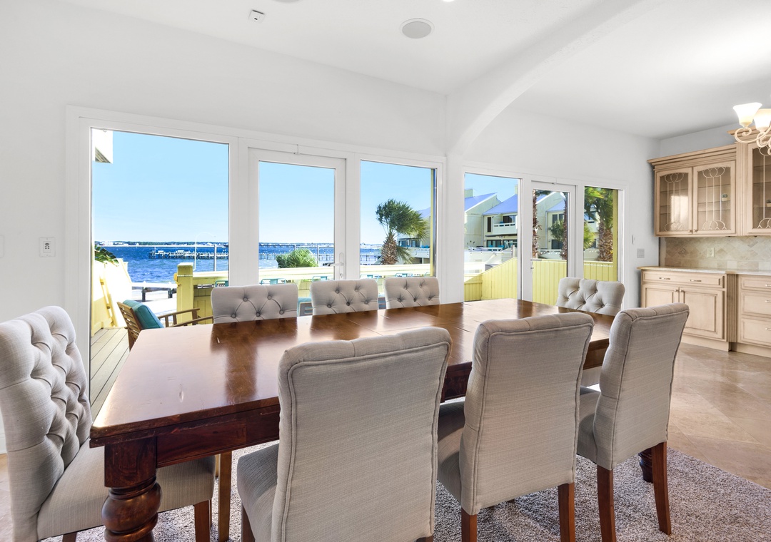 Large dining table with stunning water views