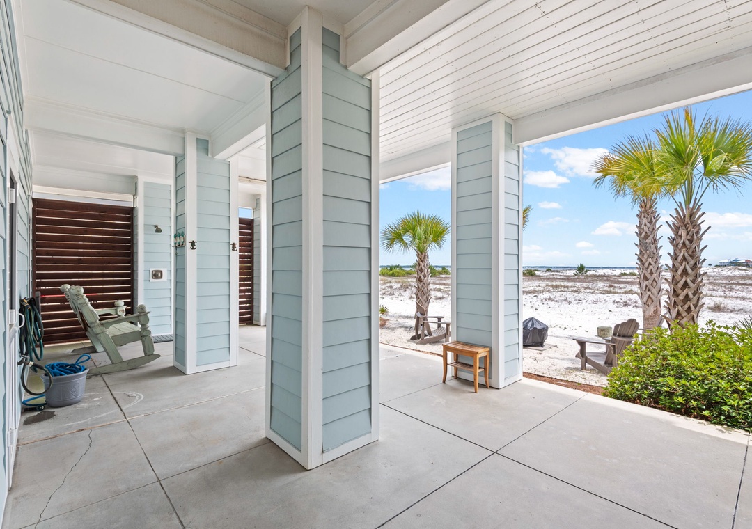Covered patio with water views
