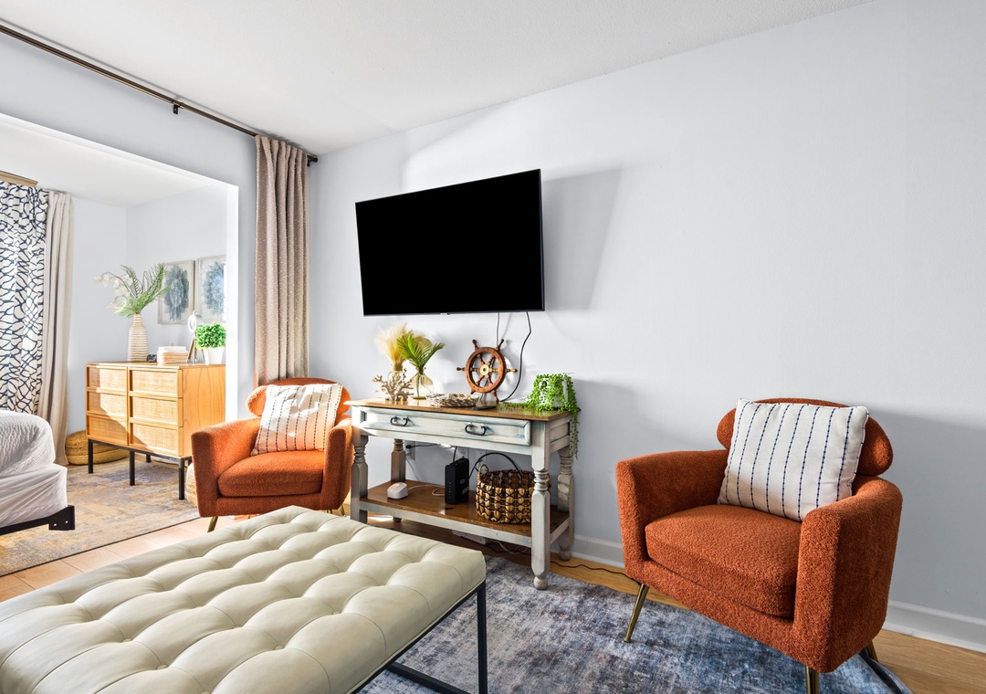 Enjoy a movie on the large flat-screen TV