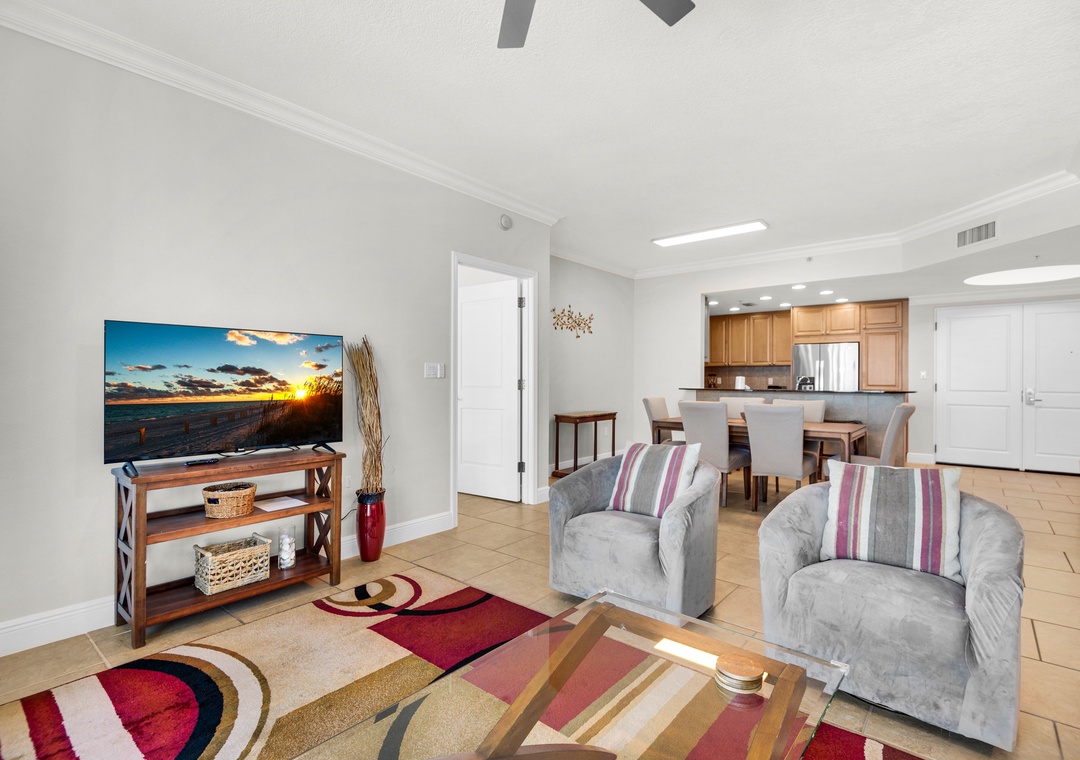 Enjoy a movie on the large flat-screen TV