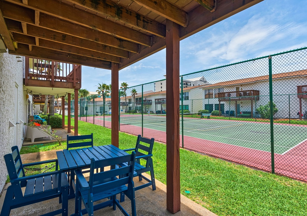 Patio overlooking the tennis courts