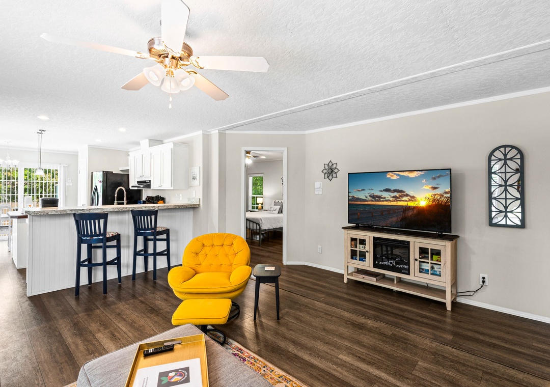 Enjoy a movie on the large flat-screen TV