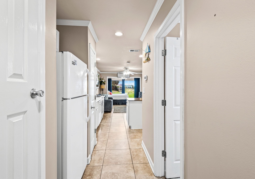 Kitchen and entry to the bathroom