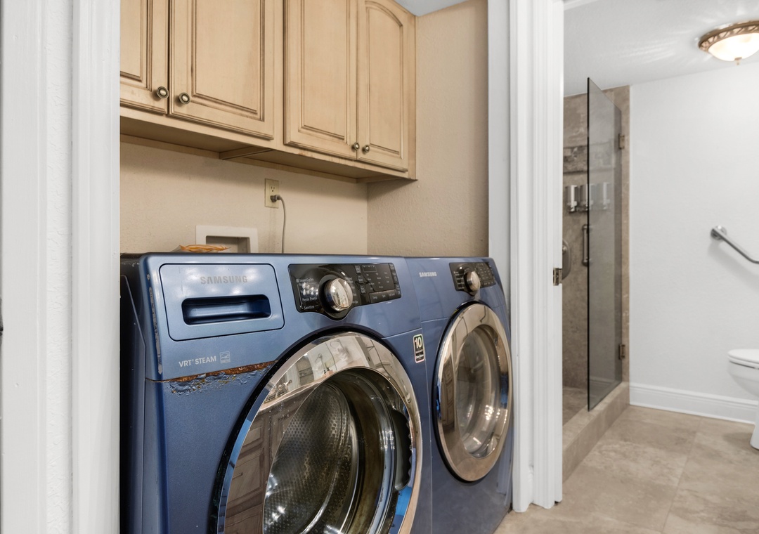 In-unit laundry located in the main floor guest bath