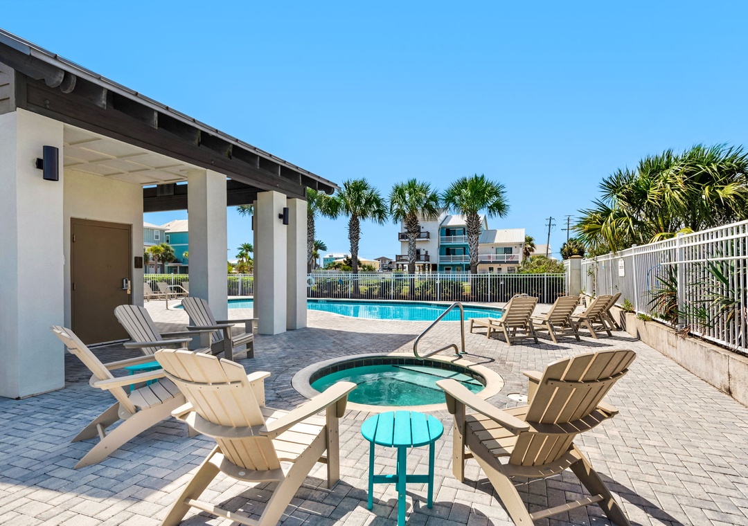 Lounge by the community outdoor pool and hot tub