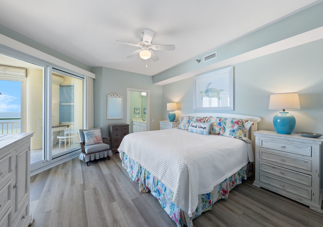 BCW6A- Drift off in this serene coastal bedroom, where soft blue tones and beachy accents set a tranquil mood. Step onto your private balcony and take in the stunning ocean views stretching to the horizon.
