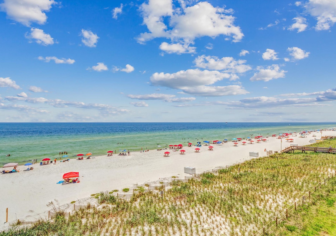 Sandy Key 411- Pristine white-sand beach stretches along turquoise waters under sunny skies, with colorful umbrellas dotting the shoreline and natural dune vegetation creating a peaceful coastal setting.