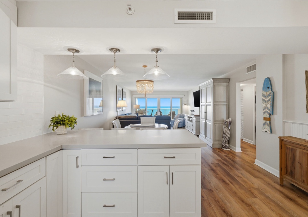 Sandy Key 822- Kitchen towards Dining Room, Living Room & Balcony