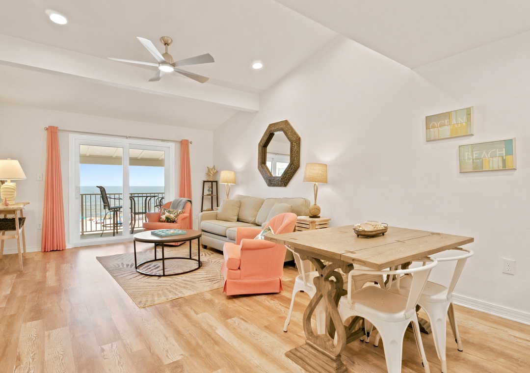 Gulfside Villas 2B- Unwind in your bright, coastal-themed retreat with vaulted ceilings and peek-a-boo ocean views from the balcony, perfect for morning coffee or sunset cocktails.