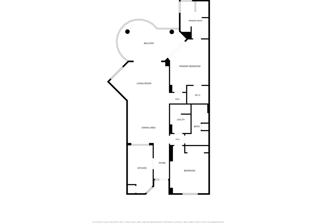 Beach Colony T14B- Floor plan showing a spacious two-bedroom layout with a curved balcony, separate living and dining areas, full kitchen, and utility room—your home away from home awaits.