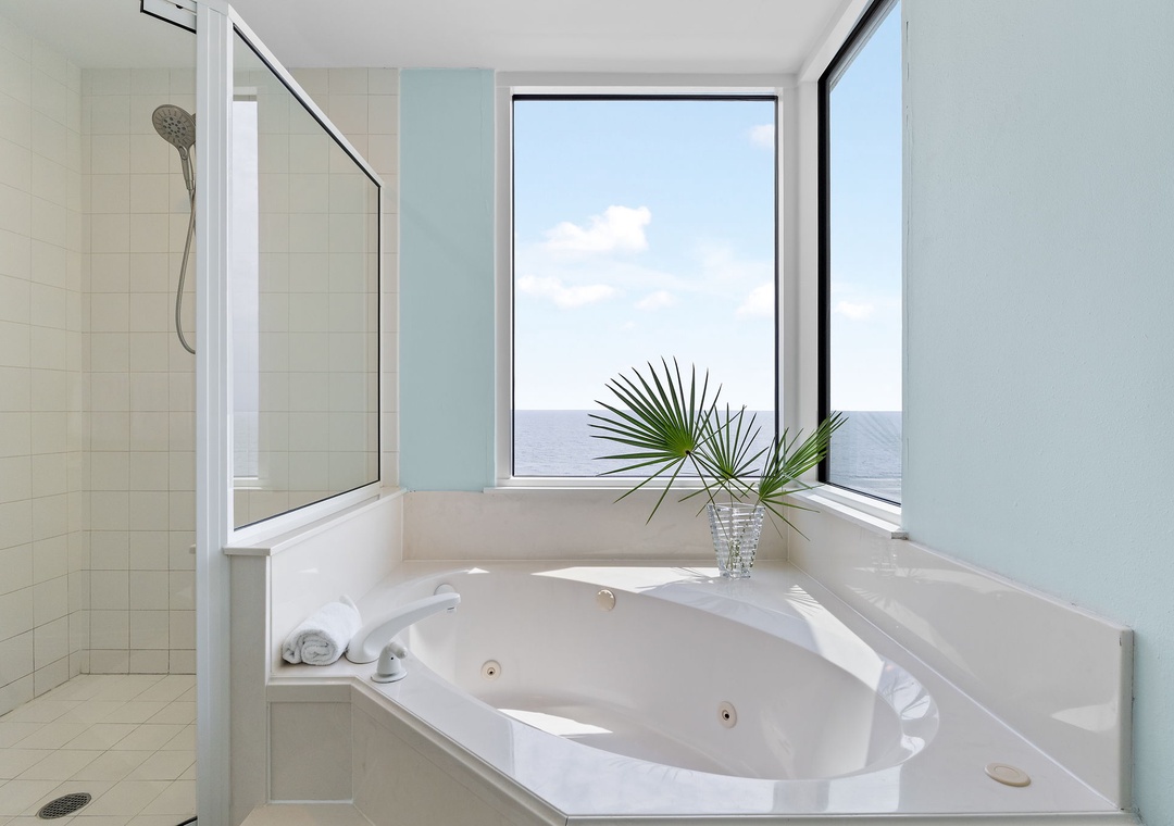 Beach Colony Tower 10C- Soak in your private jetted tub with stunning ocean views stretching across the horizon—your ultimate coastal escape with the perfect blend of relaxation and scenery.