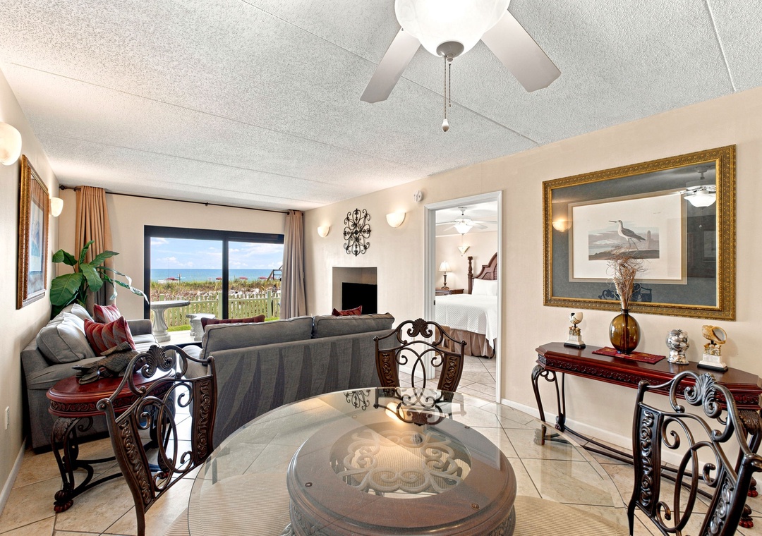 Ocean Breeze W 105- Relax in your tastefully decorated living space, where elegant furnishings meet coastal comfort. Through the window, enjoy glimpses of the ocean just beyond the natural dunes.